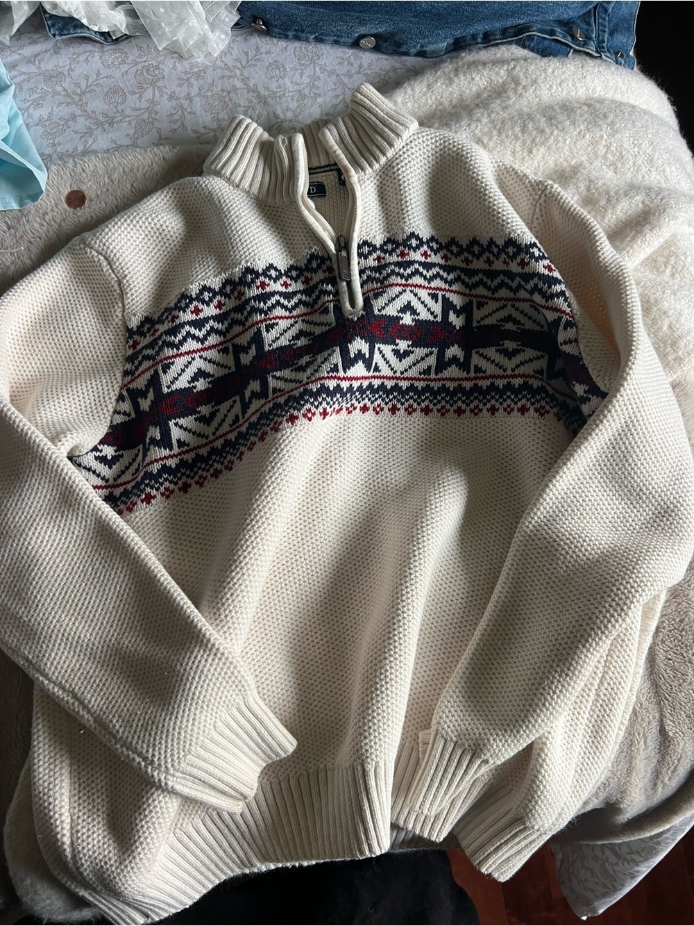 Izod Cream Half-Zip Fair Isle Sweater with Navy & Burgundy Pattern